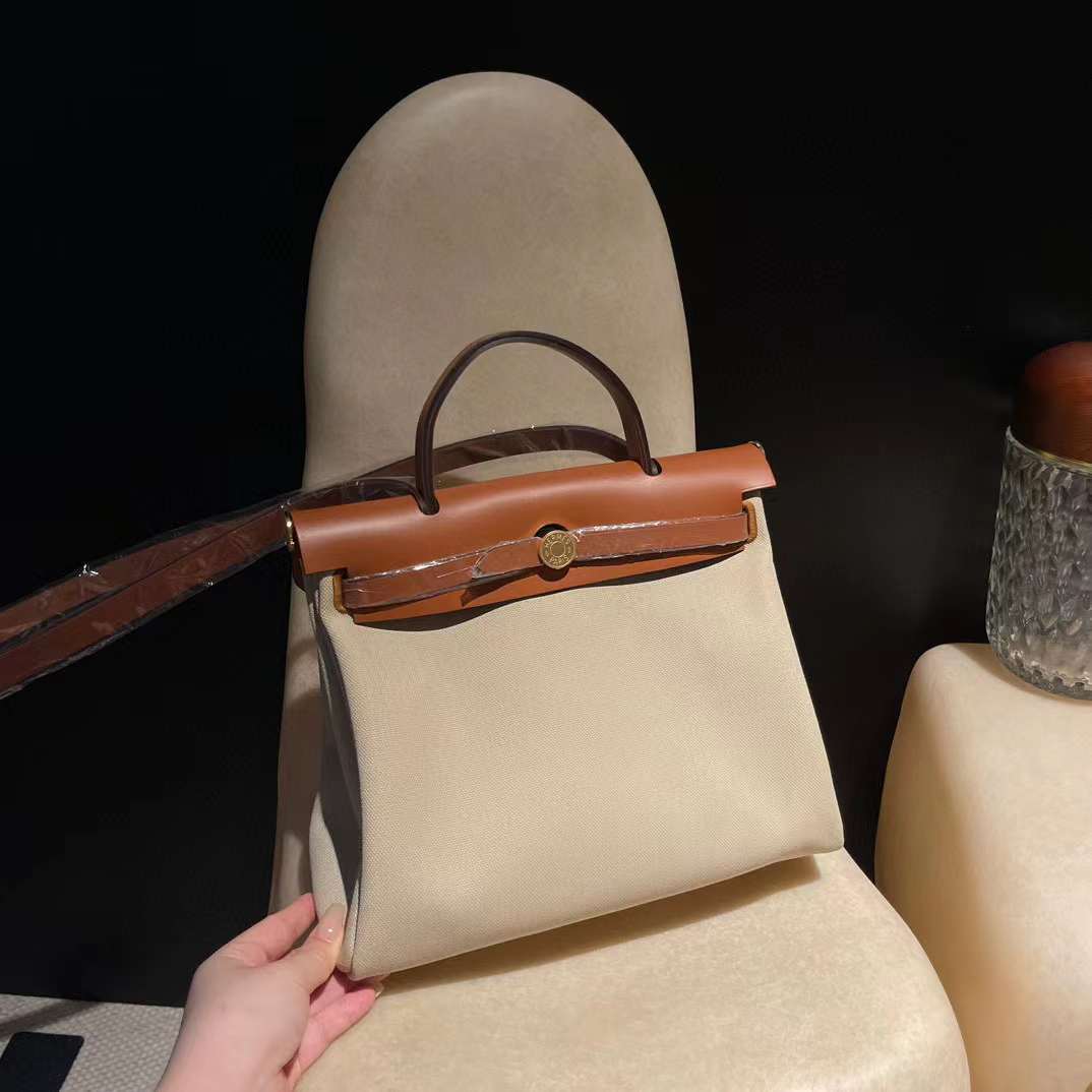 HERMES 31HERBAG 內縫線兩用手提肩背包 8L水泥灰拼牛皮 金扣