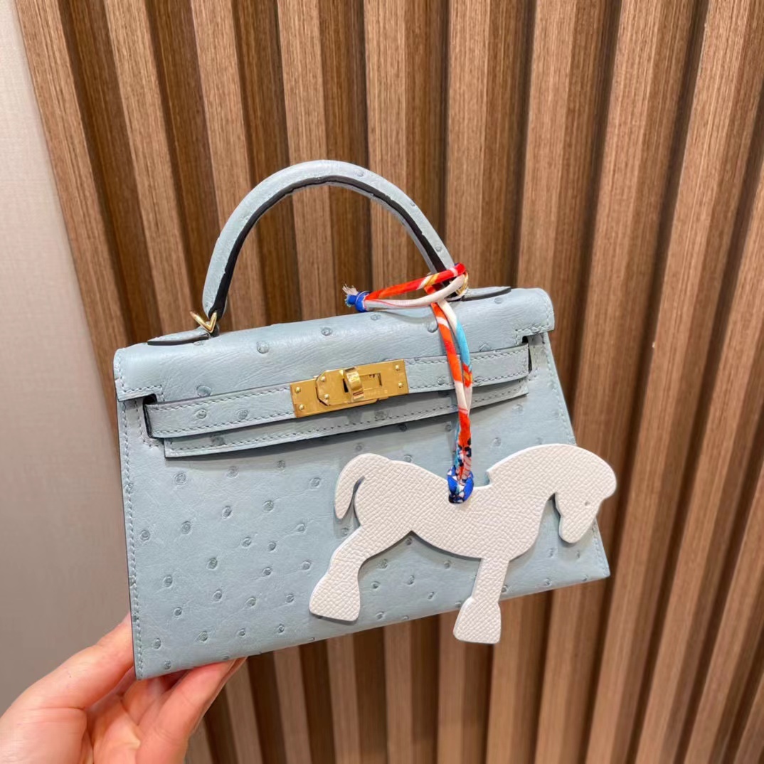 HERMES MINI KELLY 鴕鳥皮 冰川藍 金釦/銀釦 [HE0097-750]