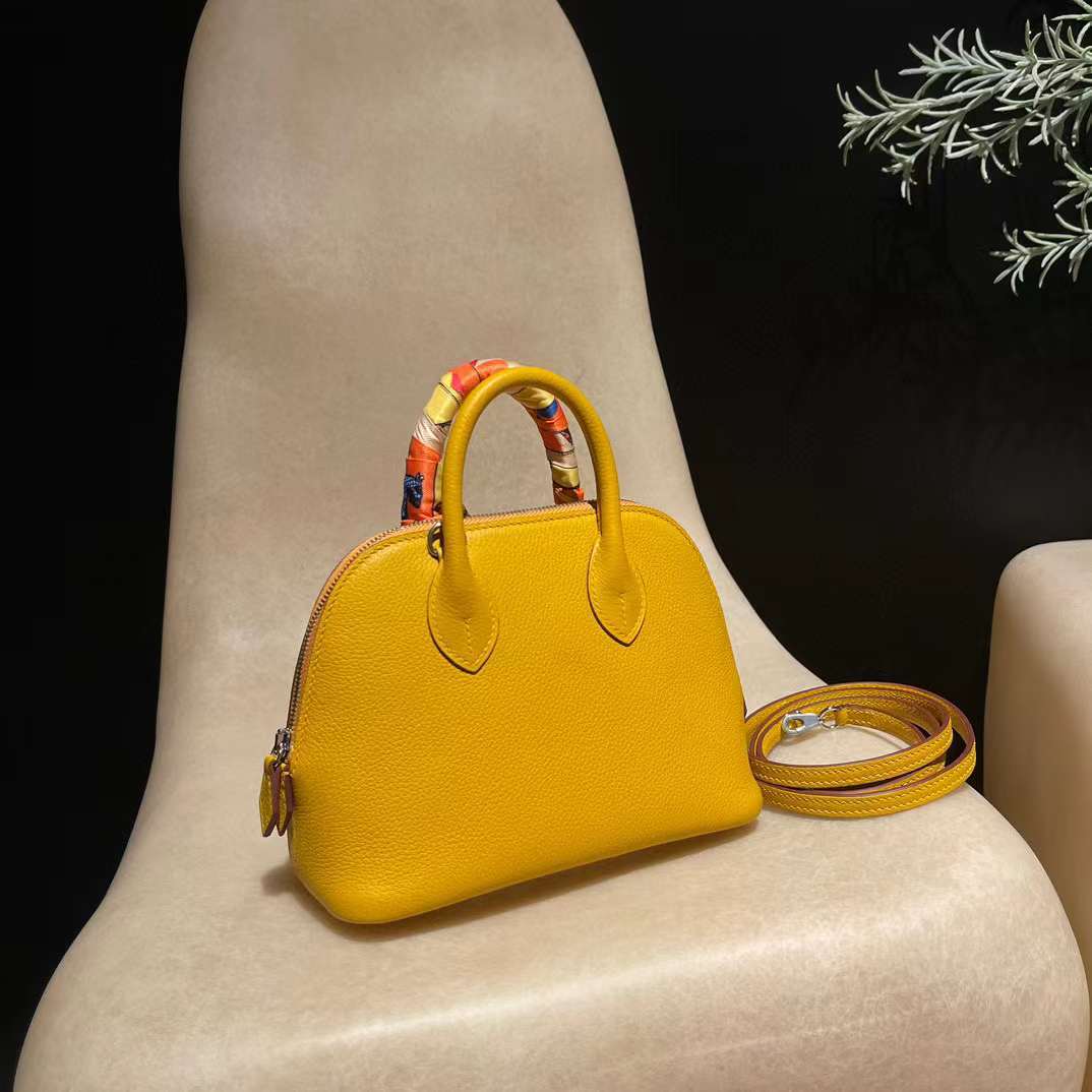 HERMES MINI BOLIDE EVERCOLOR皮 9D琥珀黃銀扣 保齡球包