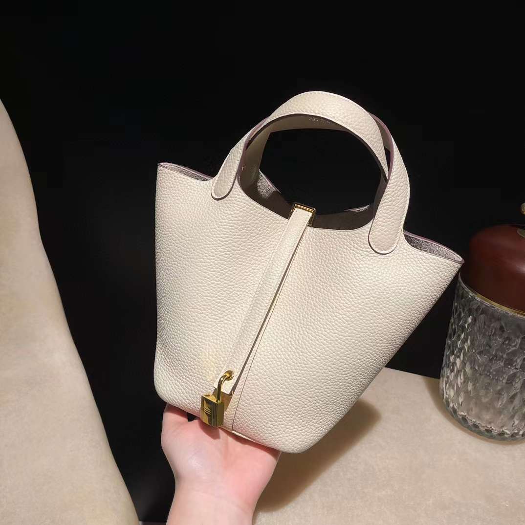 HERMES PICOTIN CLEMENCE皮10奶昔白 金扣 菜籃子 18/22cm