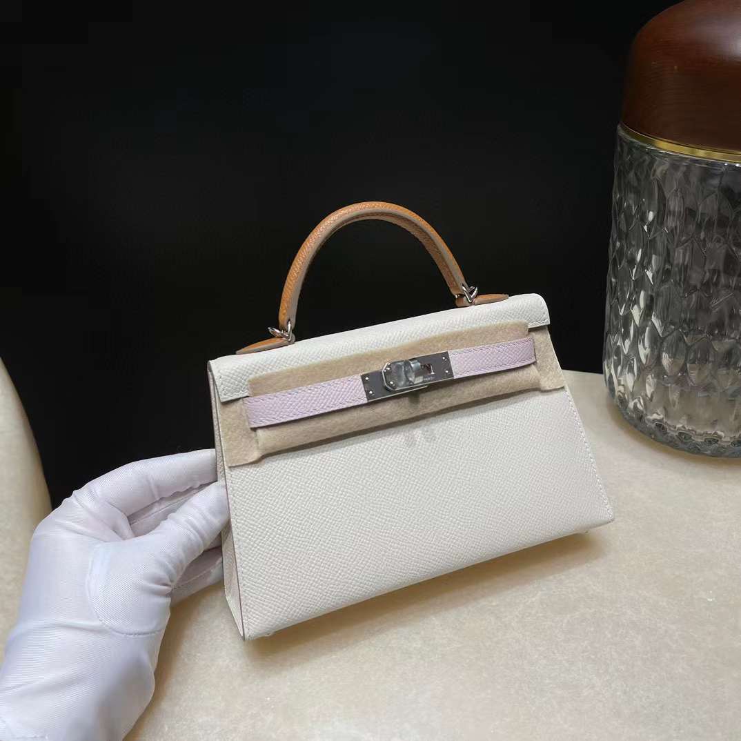 HERMES MINI KELLY 二代EPSOM皮 10 奶昔白拼09夢幻粉拼37 金棕 銀扣