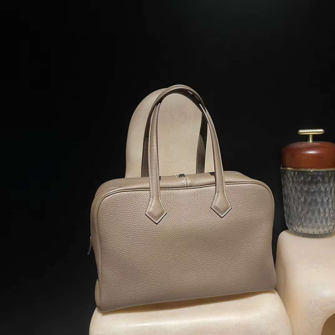 HERMES VICTORIA 35 TC皮 18大象灰 銀色鎖頭手提/肩背包
