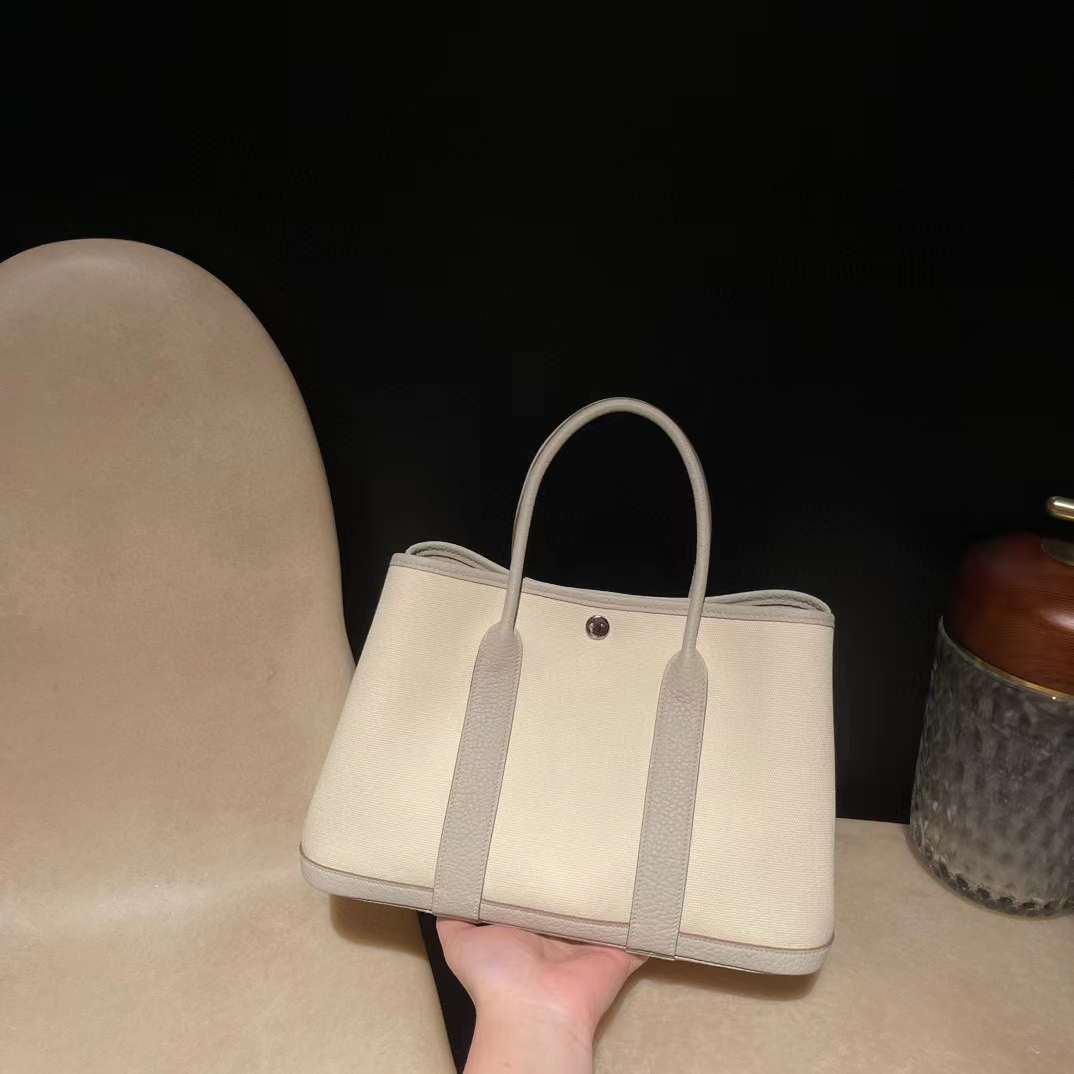 HERMES GARDEN PARTY BAG TPM 帆布 8L冰川白 銀釦 30CM