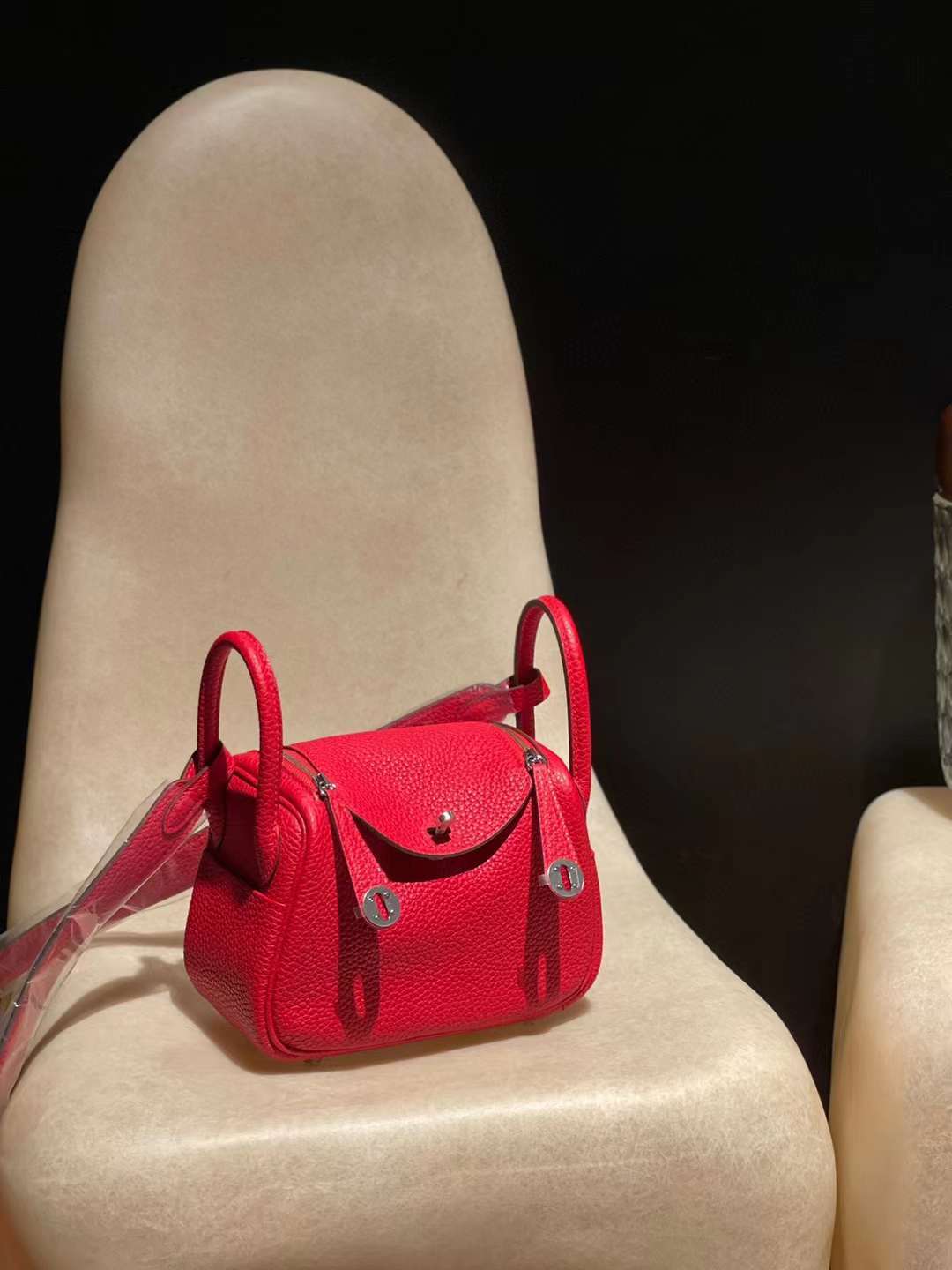 HERMES MINI LINDY CLEMENCE皮 Q5大紅銀扣 手提/肩背兩用包
