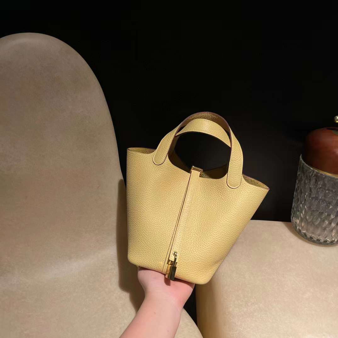 HERMES PICOTIN CLEMENCE皮 1Z小雞黃 金扣 菜籃子 18CM