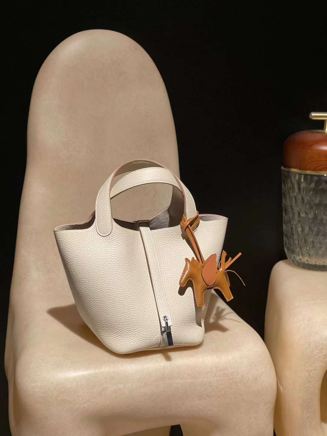 HERMES PICOTIN CLEMENCE皮 10 奶昔白 銀釦 菜籃子 18CM