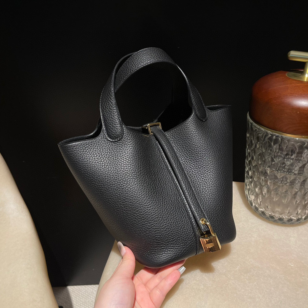 HERMES PICOTIN CLEMENCE皮 89黑 金扣 菜籃子 18CM