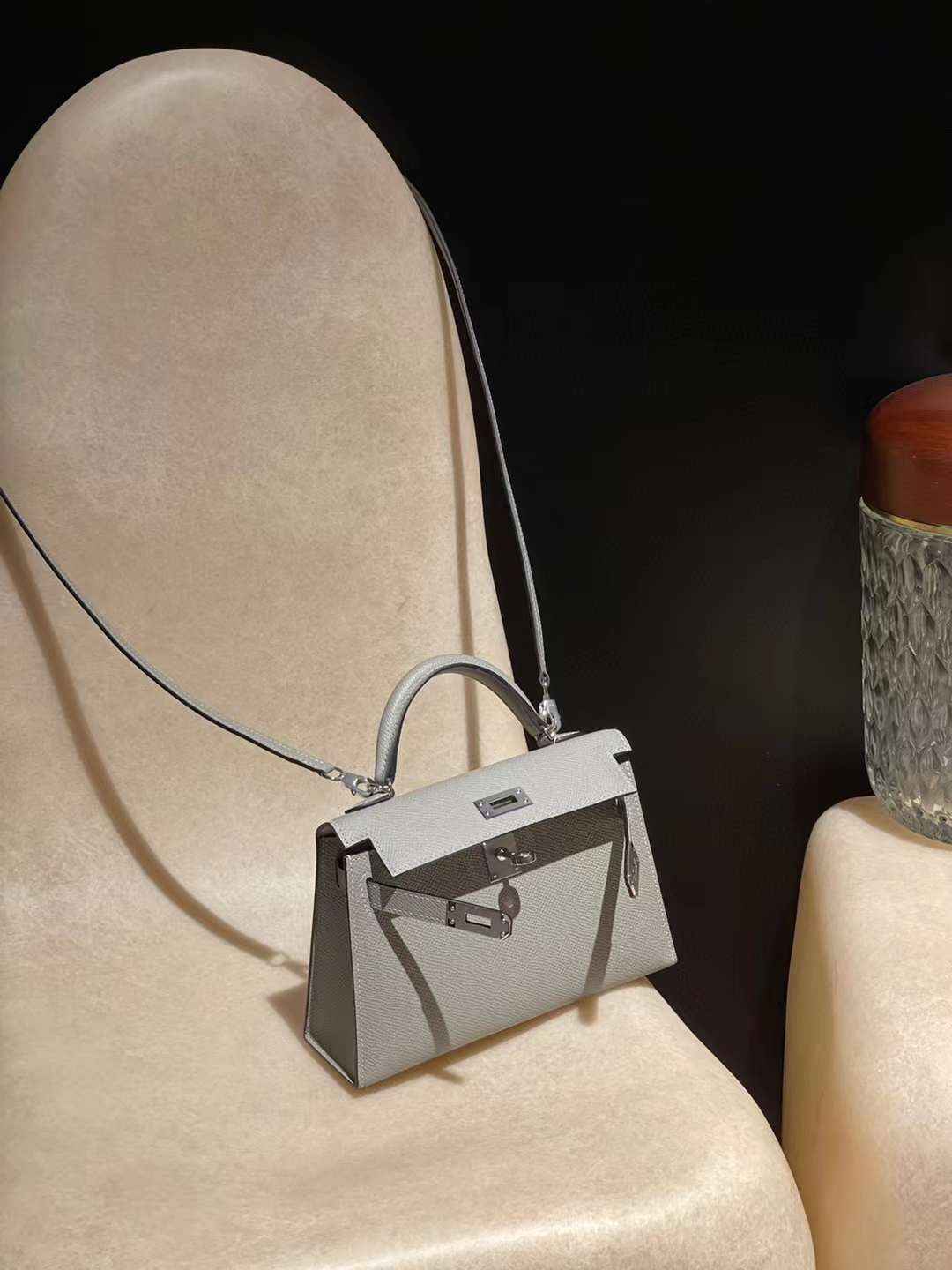 HERMES MINI KELLY 二代EPSOM皮 4Z 海鷗灰 銀釦