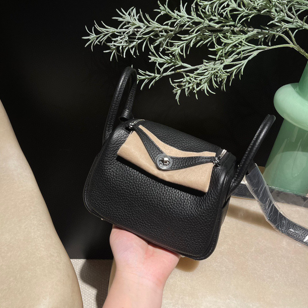 HERMES MINI LINDY CLEMENCE皮 89黑色 銀扣轉釦手提/肩背兩用包