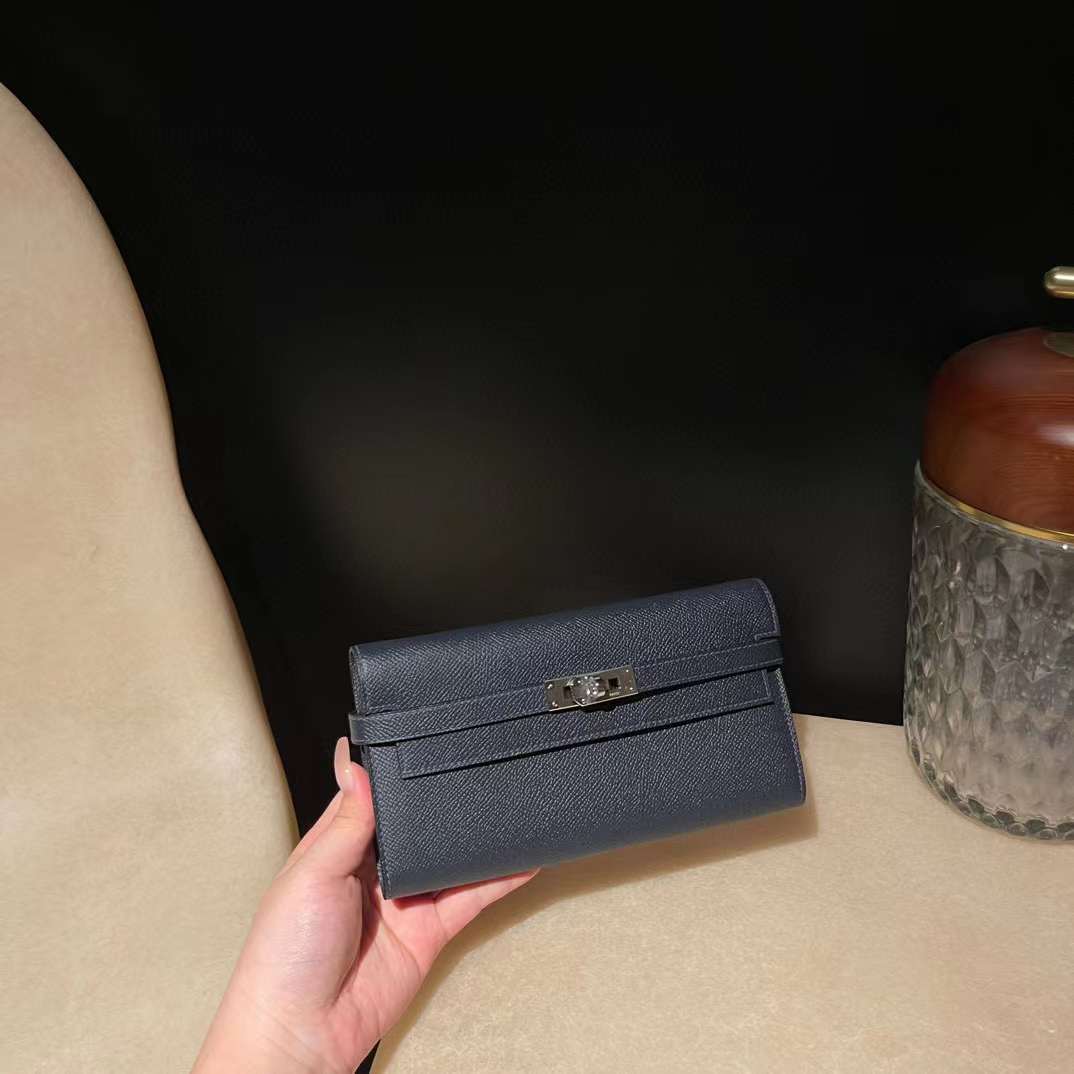 HERMES KELLY EPSOM皮 2Z 午夜藍 銀扣 長夾/手拿包