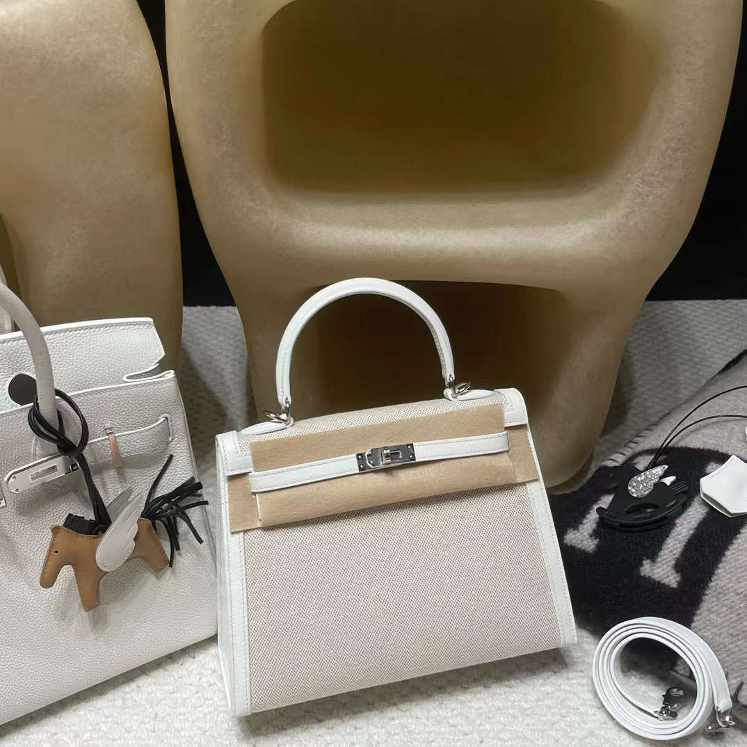 HERMES KELLY SWIFT皮01純白色拼帆布 銀釦 25/28