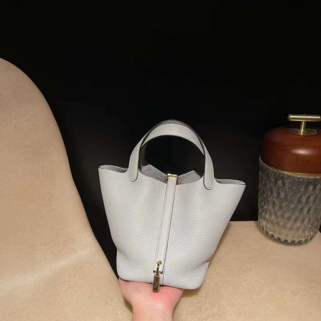 HERMES PICOTIN CLEMENCE皮 08 聖杯藍 金釦 菜籃子 18CM