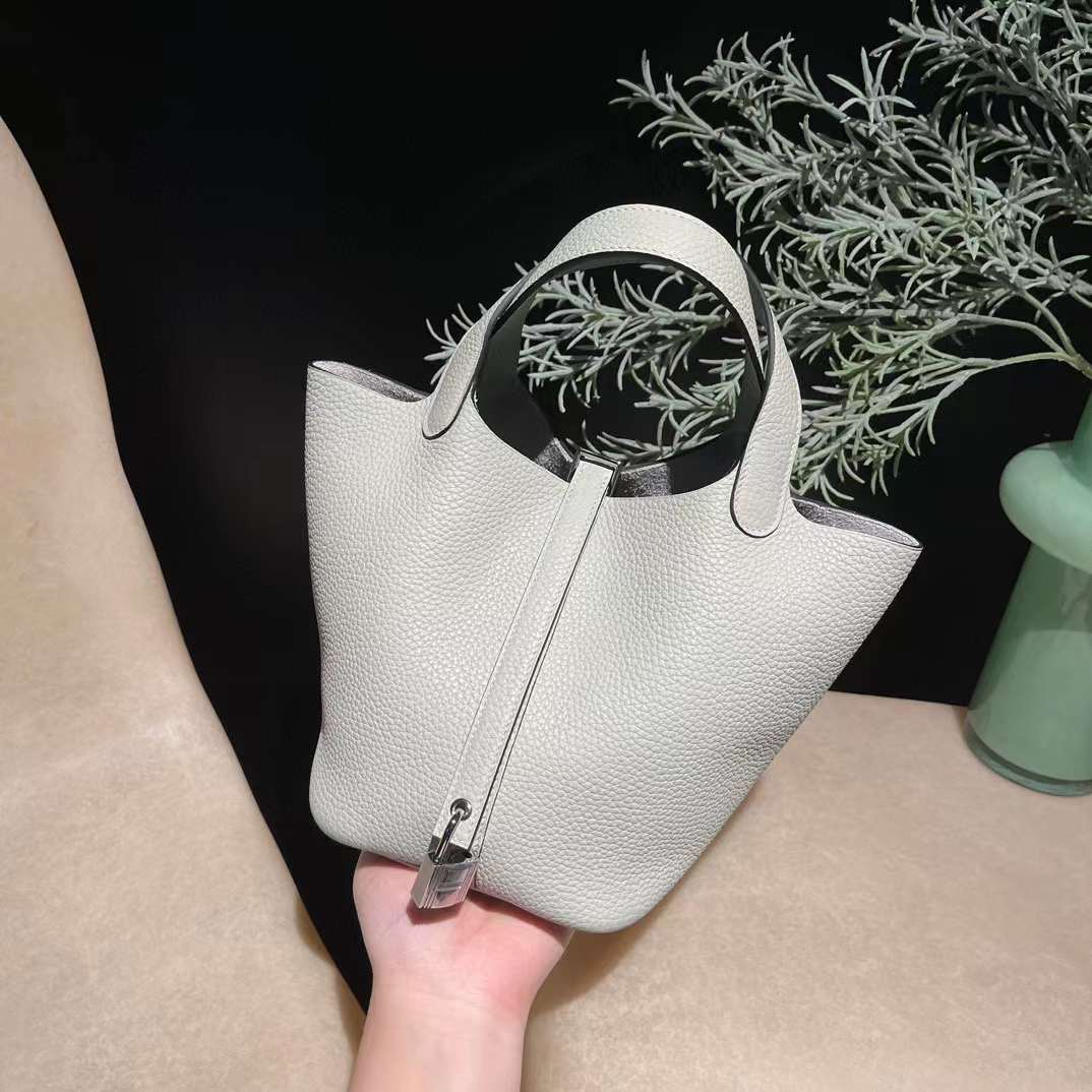 HERMES PICOTIN CLEMENCE皮 0W 冰晶灰 銀扣 菜籃子 18/22cm