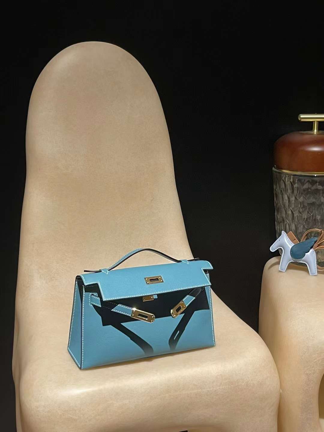 HERMES MINI KELLY POCHETT 一代手拿包 SWIFT皮 75牛仔藍 金扣