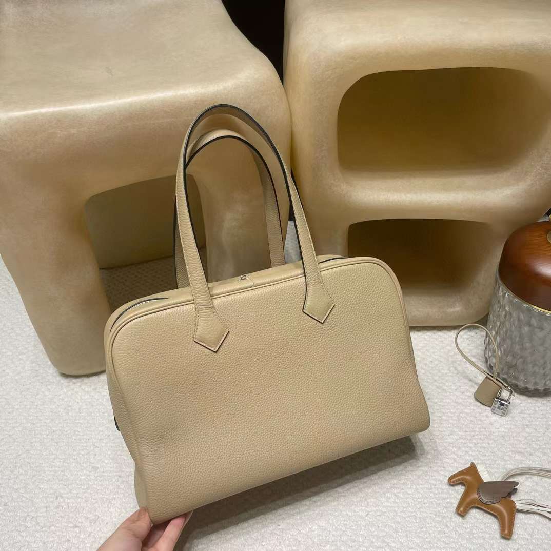 HERMES VICTORIA 35CM 維多利亞 S2 風衣灰 銀扣鎖頭手提/肩背包