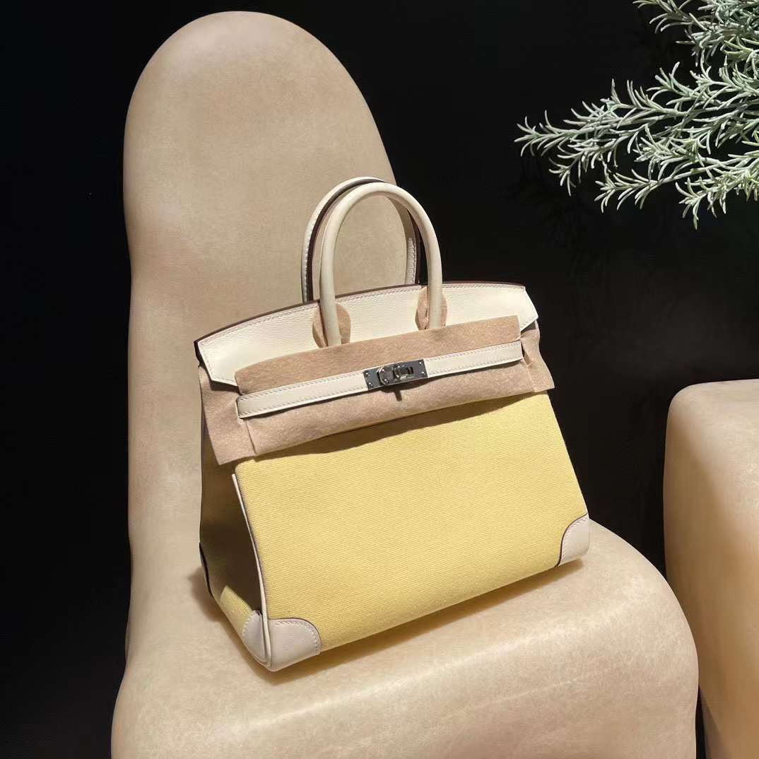 HERMES BIRKIN TOLIE H 25帆布拼SWIFT皮 奶油白銀釦 25/30/35
