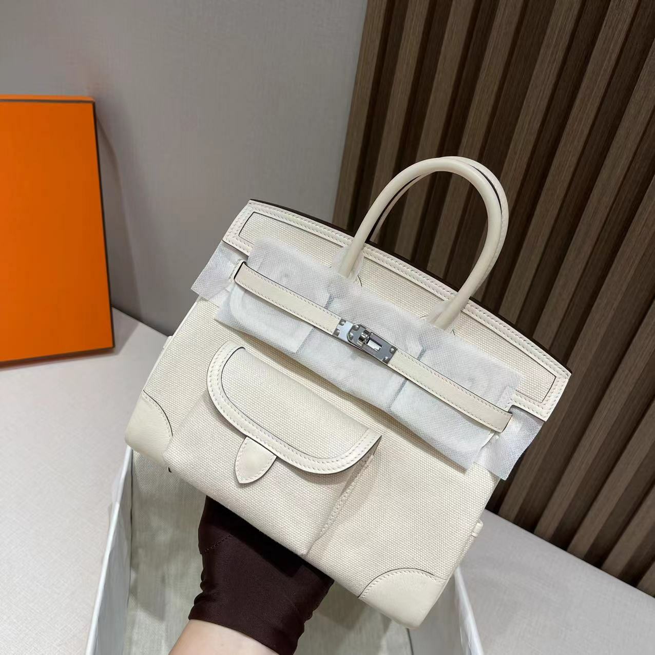 HERMES BIRKIN CARGO 25CM 帆布拼SWIFT 奶昔白銀扣 鉑金包