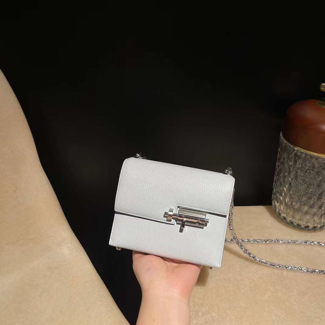 HERMES VERROU 17CM 山羊皮 T0霧霾藍色 銀扣