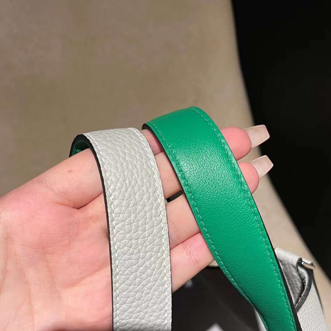 HERMES PICOTIN CLEMENCE皮 0W水晶灰拼0Z漫畫綠 銀扣 菜籃子 18/22cm