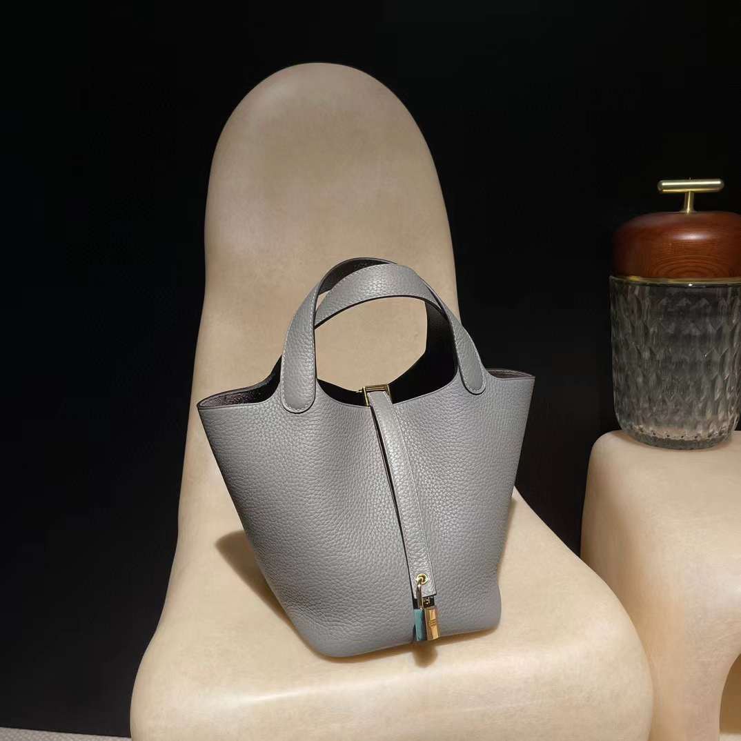 HERMES PICOTIN CLEMENCE皮 0L 積雨雲灰 金釦 菜籃子 18CM