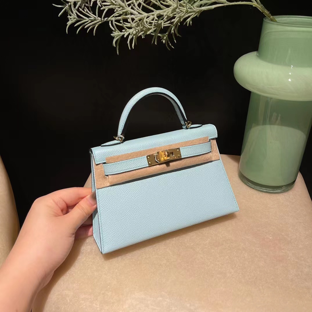 HERMES MINI KELLY 二代EPSOM皮 U2微風藍 金扣