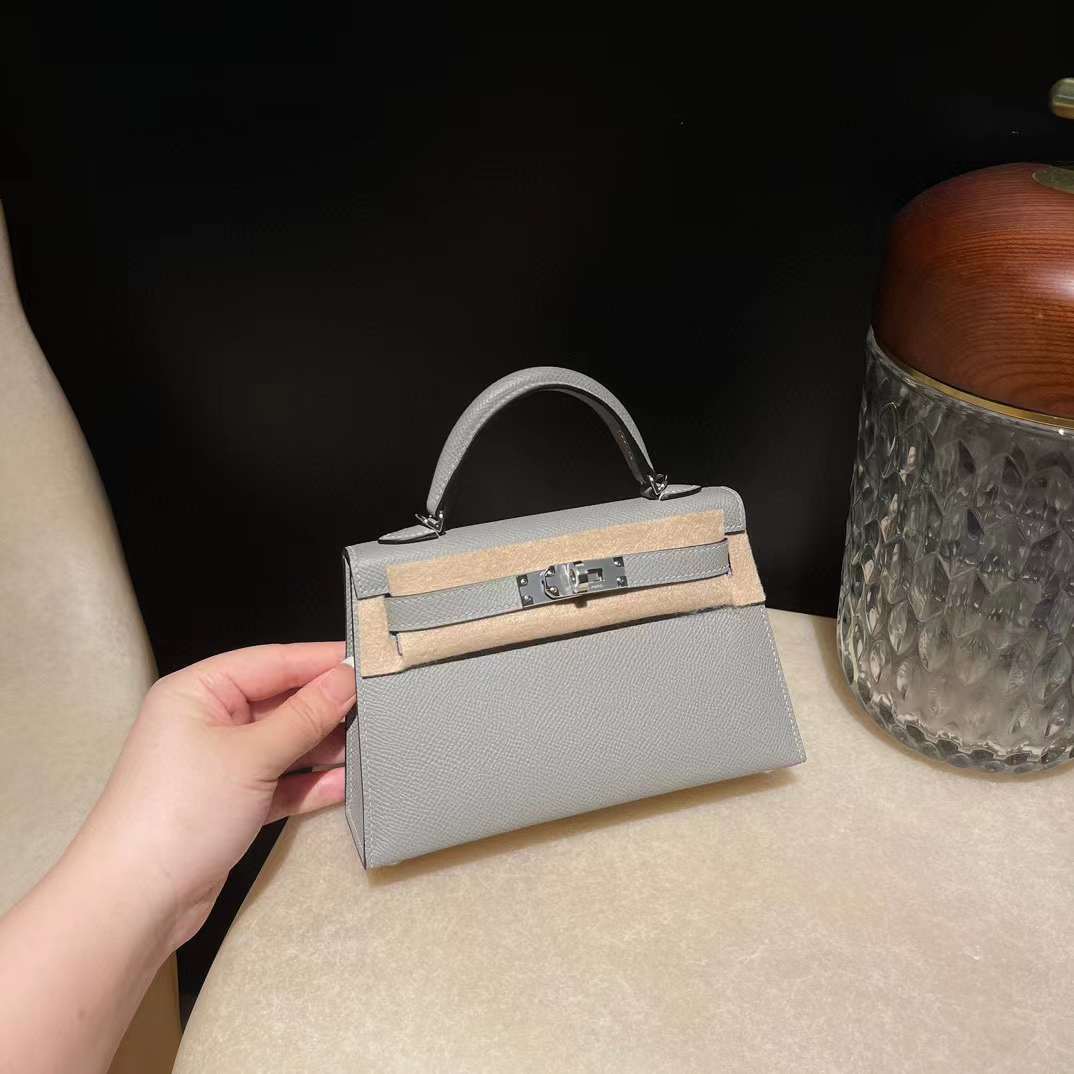 HERMES MINI KELLY 二代EPSOM皮 4Z 海鷗灰 銀釦