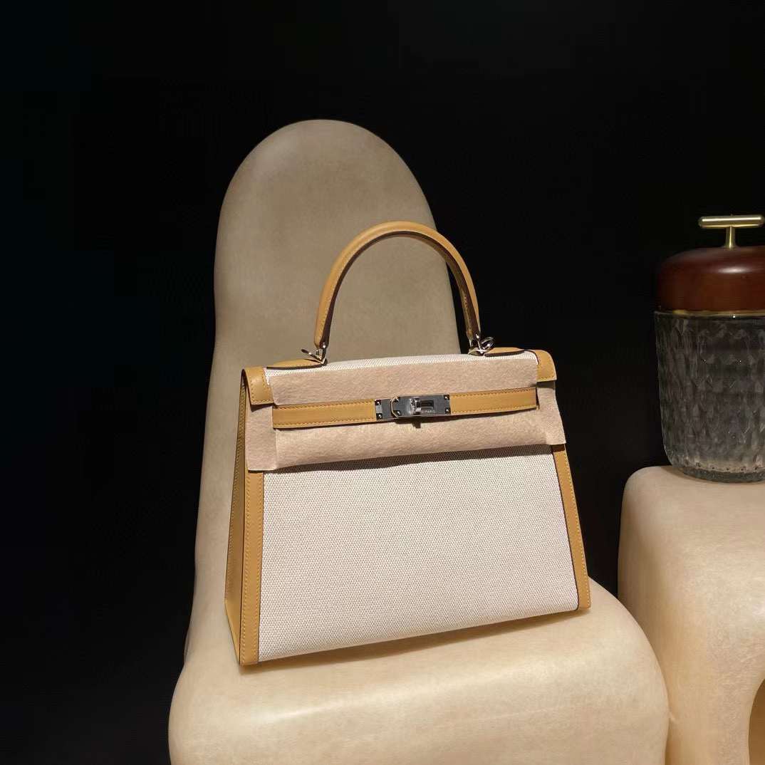 HERMES KELLY SWIFT皮4B餅乾色拼帆布 銀釦 25/28