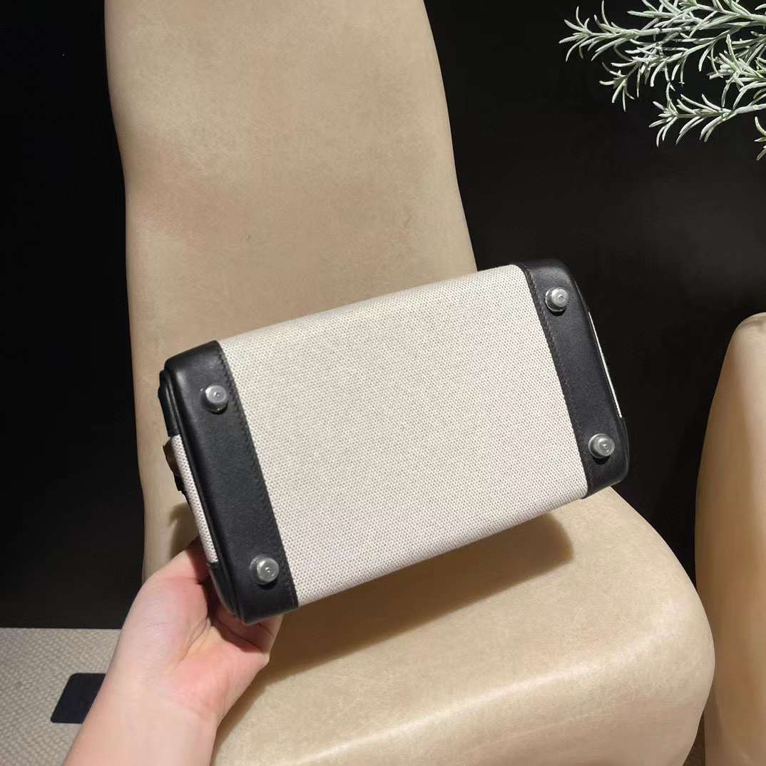 HERMES BIRKIN TOLIE H 25帆布拼SWIFT皮 89 黑色銀釦 25/30/35