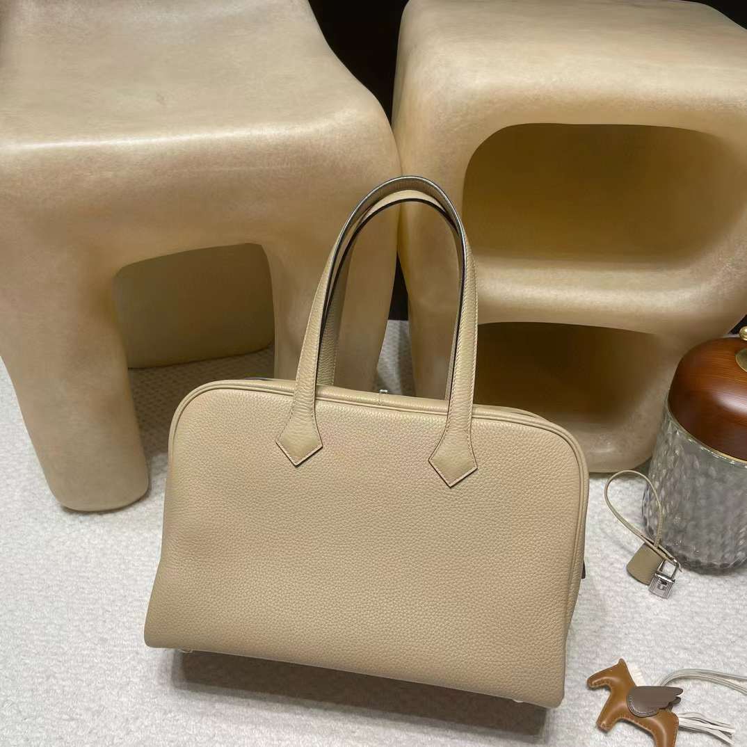 HERMES VICTORIA 35CM 維多利亞 S2 風衣灰 銀扣鎖頭手提/肩背包