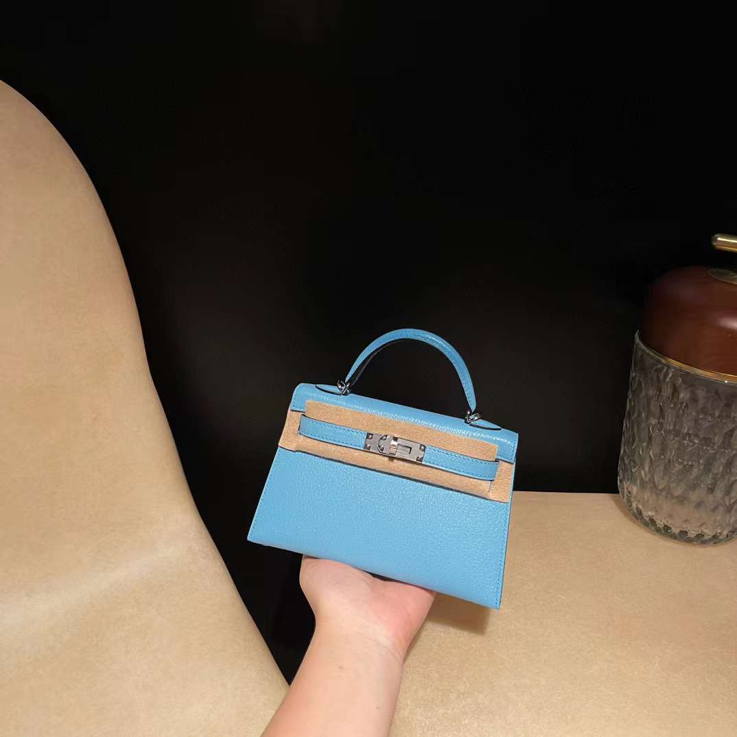 HERMES MINI KELLY 二代山羊皮 N7糖果藍 銀扣