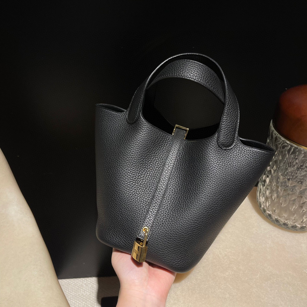 HERMES PICOTIN CLEMENCE皮 89黑 金扣 菜籃子 18CM