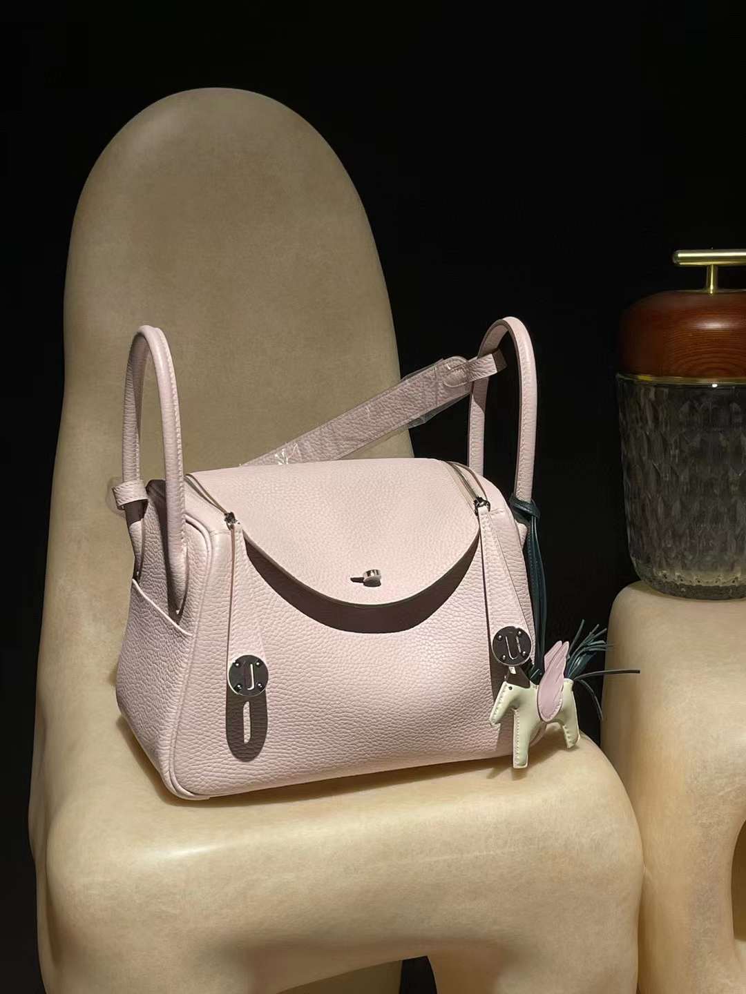 HERMES LINDY CLEMENCE皮 09 夢幻粉紫 銀扣轉釦手提/肩背兩用包 26CM