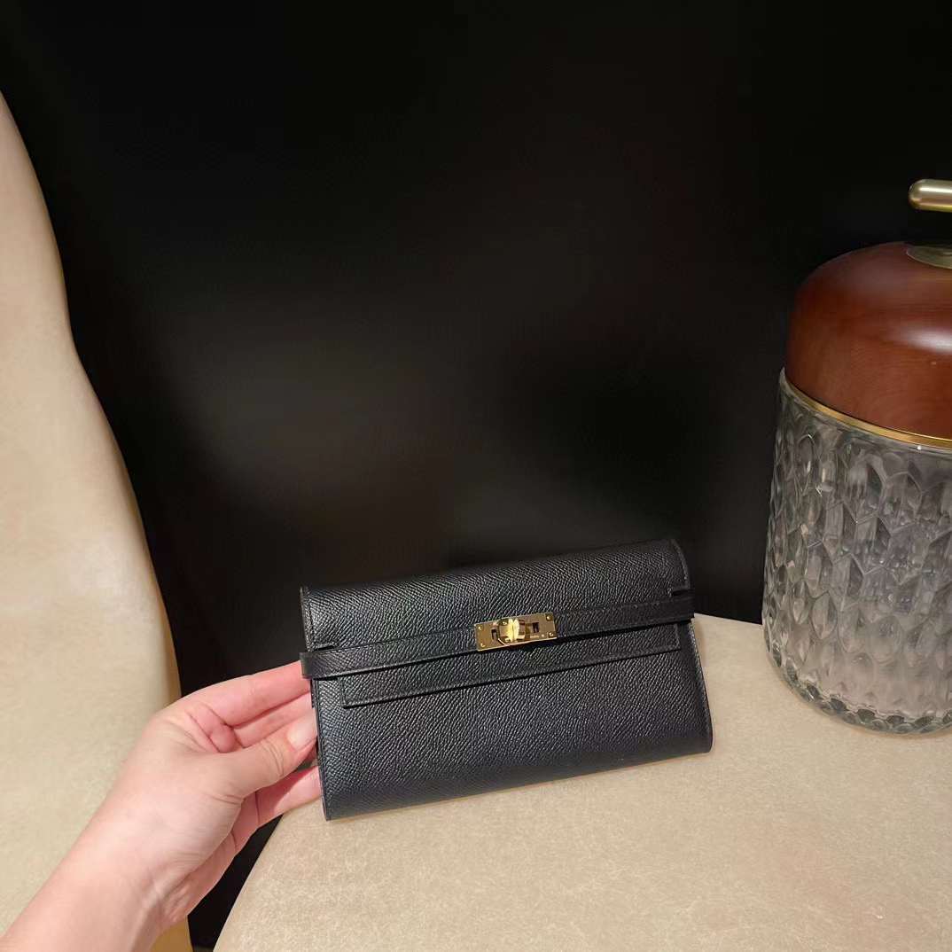 HERMES KELLY EPSOM皮 89 黑色 金扣 長夾/手拿包