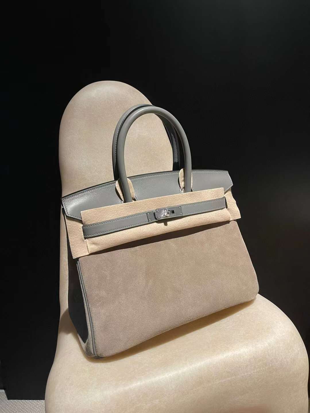HERMES BIRKIN 30CM 麂皮大象灰拼雨雲灰 銀扣