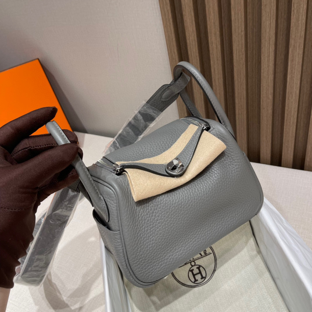 HERMES MINI LINDY CLEMENCE皮 0L積雲雨灰銀釦 轉釦手提/肩背兩用包
