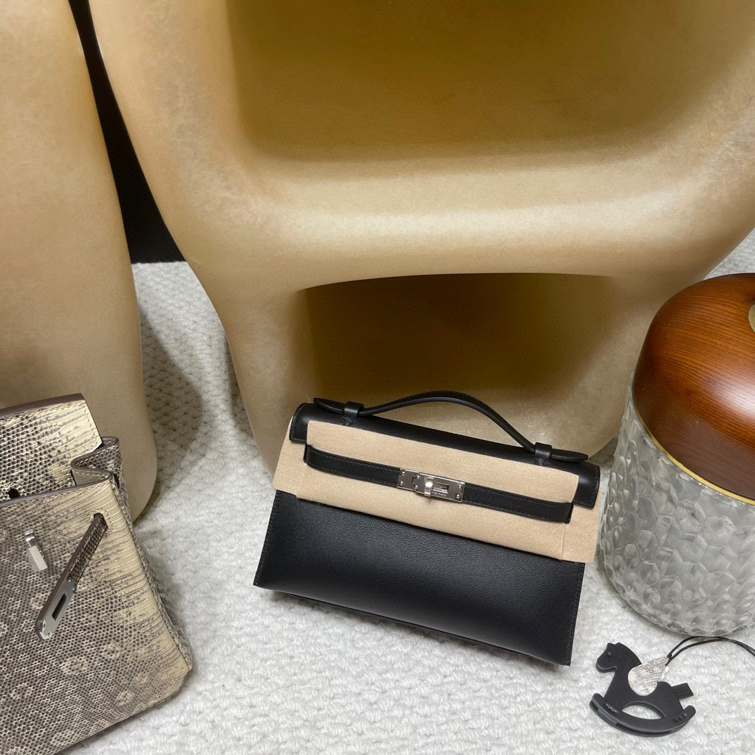 HERMES MINI KELLY POCHETT 一代手拿包 SWIFT皮 89 黑色 銀扣