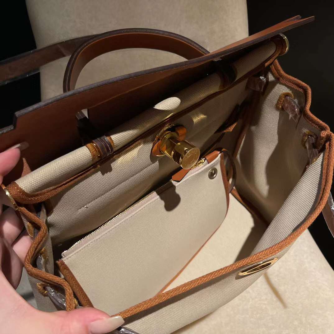 HERMES 31HERBAG 內縫線兩用手提肩背包 8L水泥灰拼牛皮 金扣