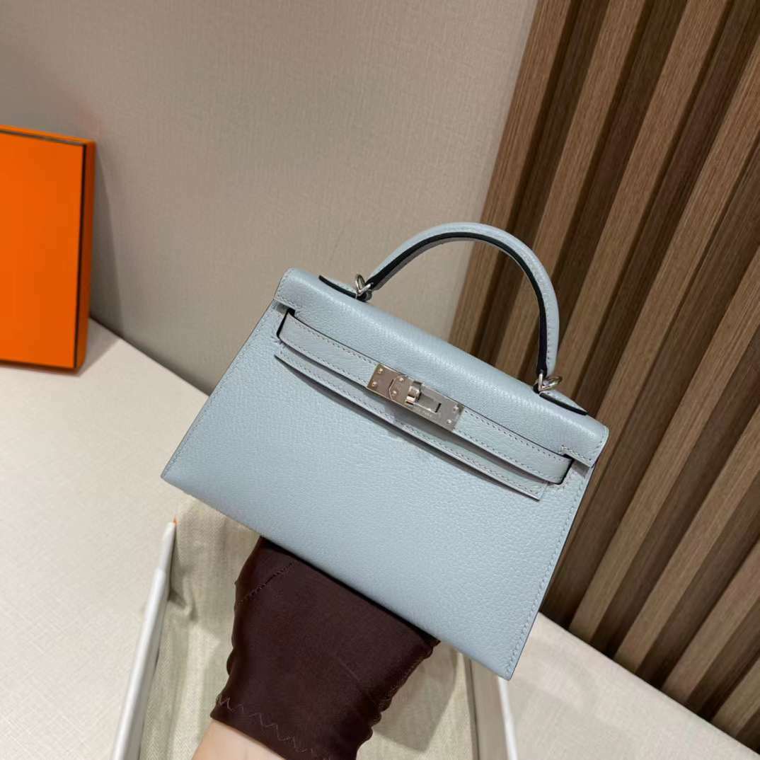 HERMES MINI KELLY 二代 8U 冰川藍 山羊皮 銀扣