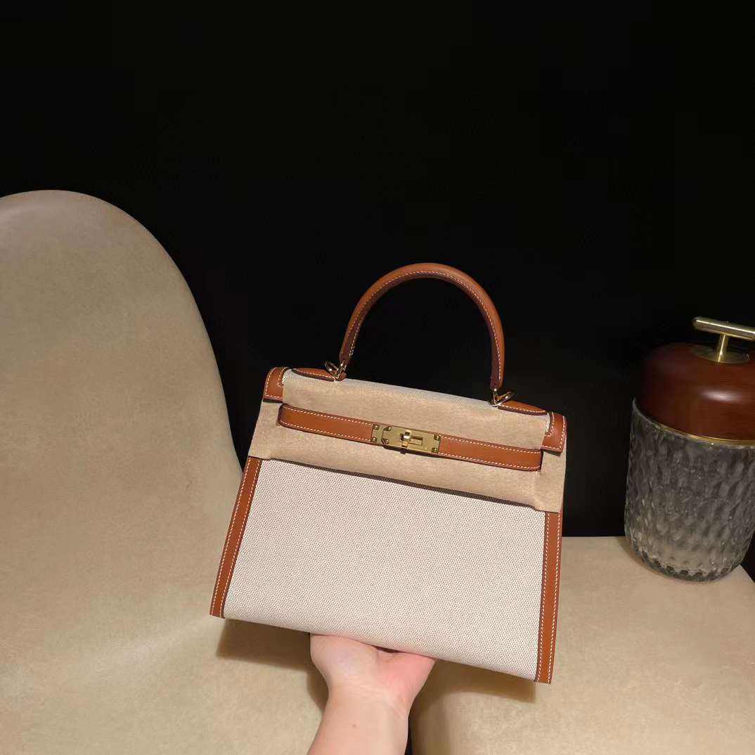 HERMES KELLY SWIFT皮37金棕色拼帆布 金釦 25/28