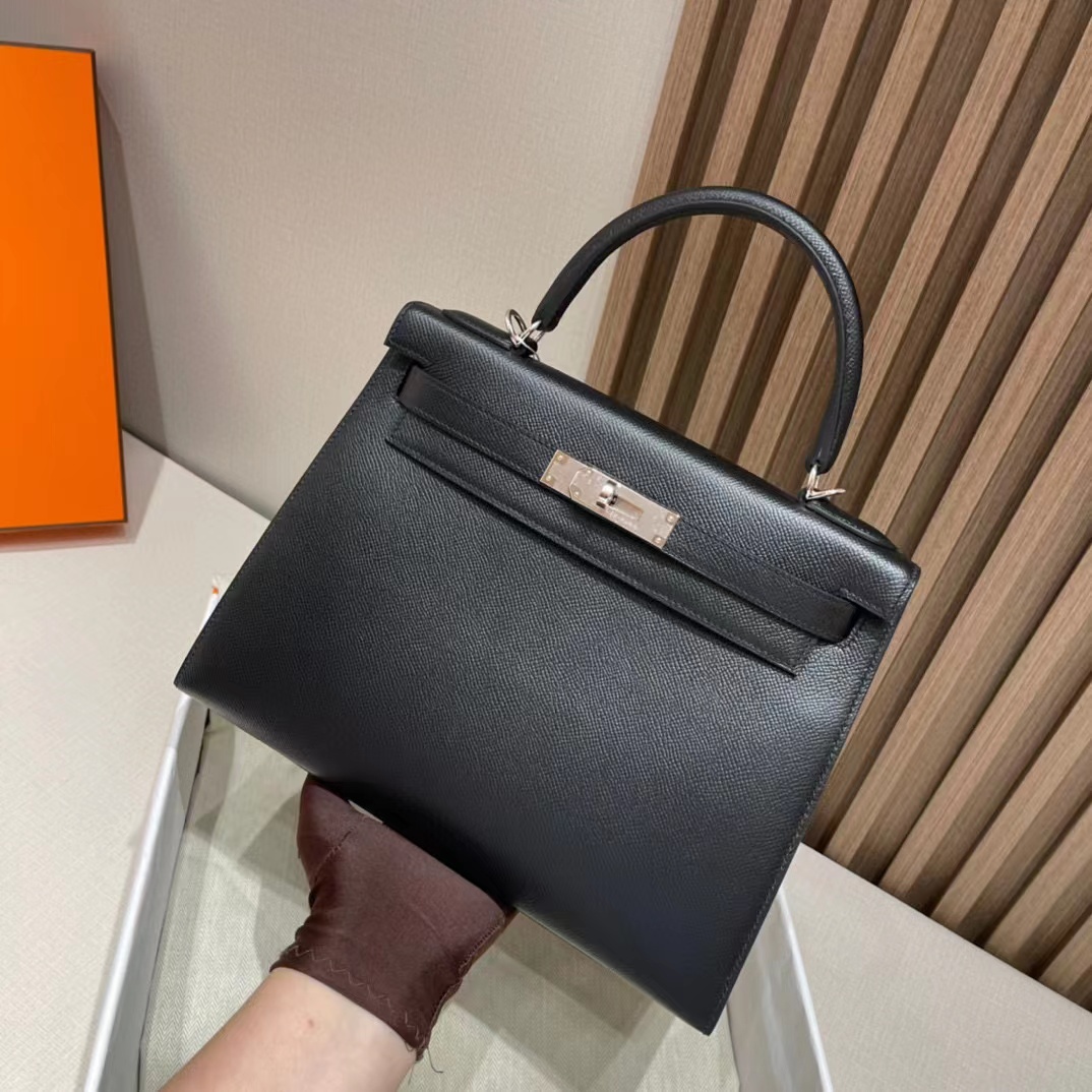 HERMES KELLY 25CM 黑色銀釦 EPSOM皮