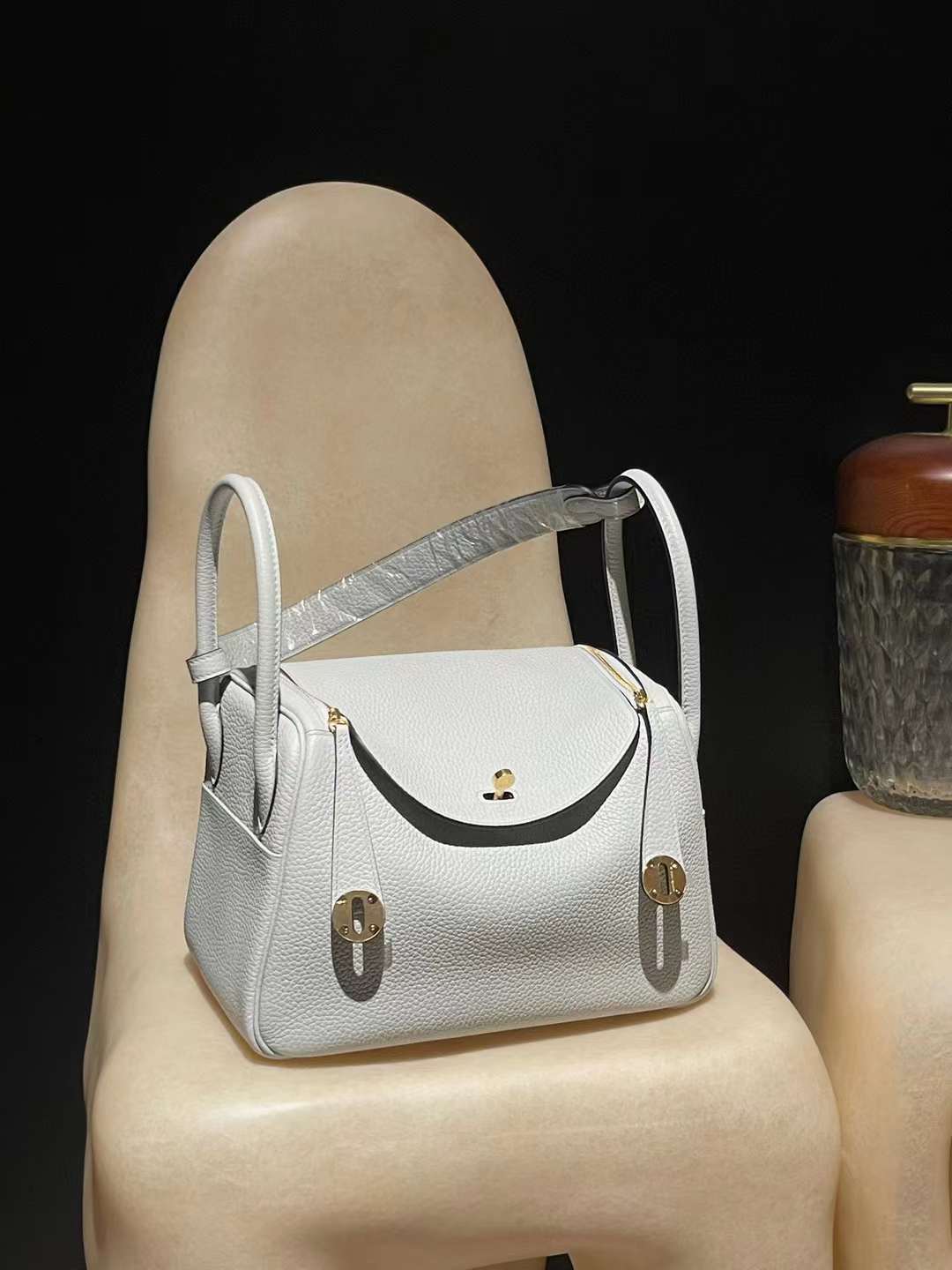 HERMES LINDY CLEMENCE皮 08 聖杯藍 金扣轉釦手提/肩背兩用包 26CM