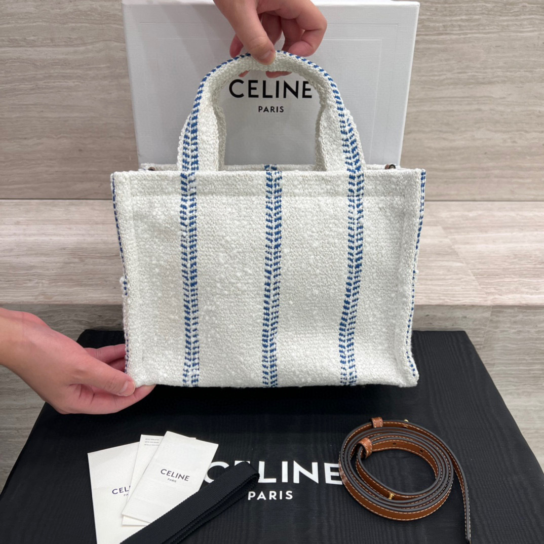 CELINE CABAS THAIS 條紋織物托特包 小號 藍色