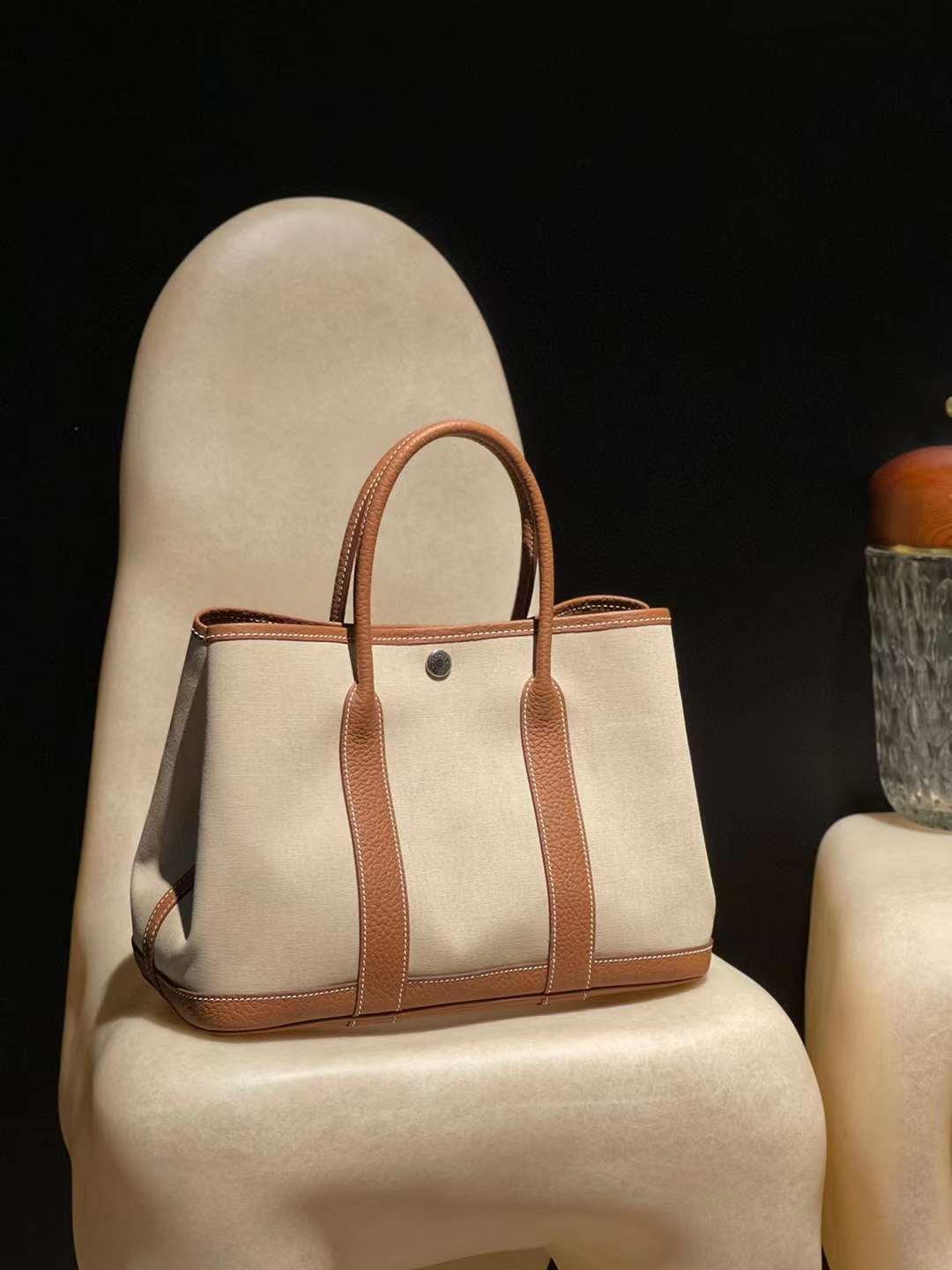 HERMES GARDEN PARTY BAG TPM 帆布拼金棕