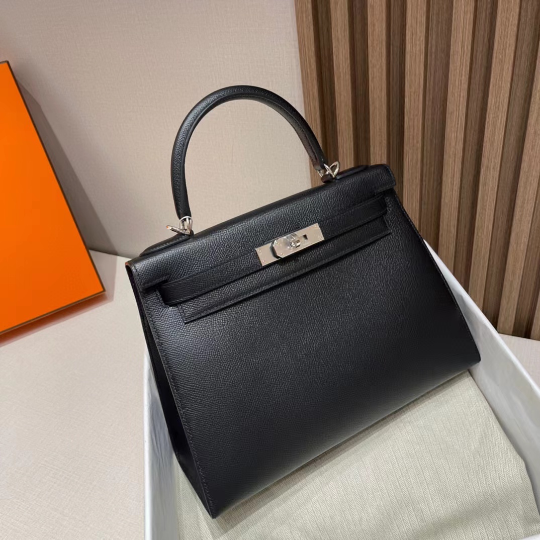 HERMES KELLY 25CM 黑色銀釦 EPSOM皮