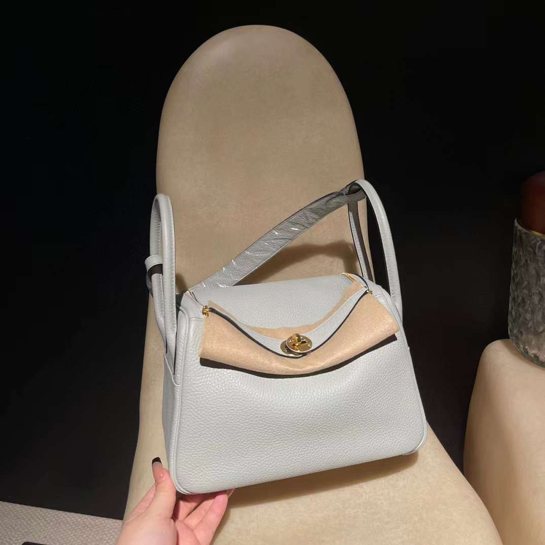 HERMES LINDY CLEMENCE皮 08 聖杯藍 金扣轉釦手提/肩背兩用包 26CM