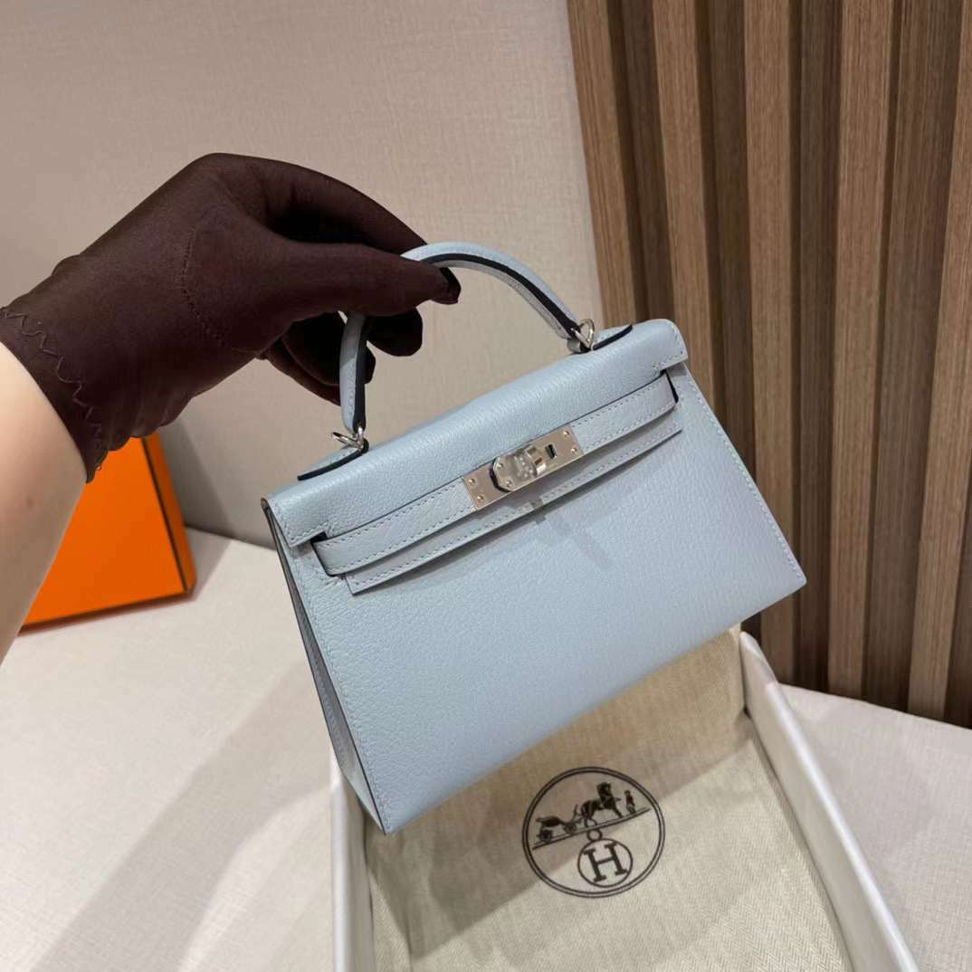 HERMES MINI KELLY 二代 8U 冰川藍 山羊皮 銀扣