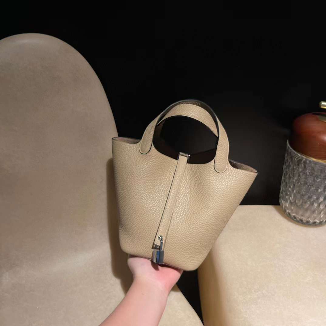 HERMES PICOTIN CLEMENCE皮 S2 風衣灰 銀扣 菜籃子 18cm