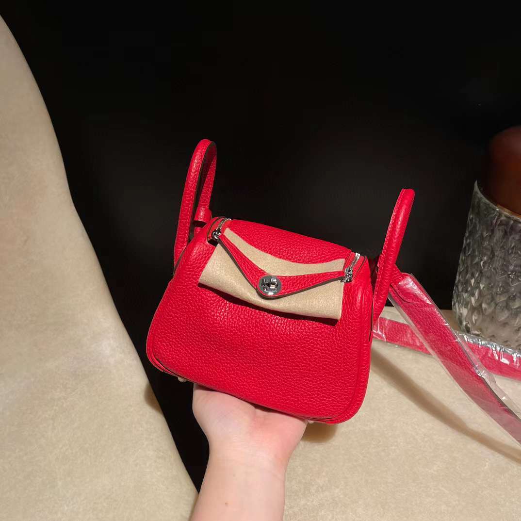 HERMES MINI LINDY CLEMENCE皮 Q5大紅銀扣 手提/肩背兩用包