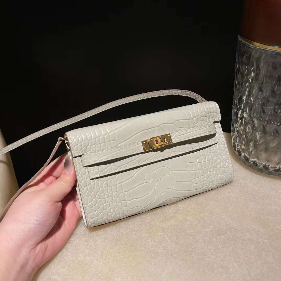 HERMES KELLY TO GO 霧面美洲鱷魚 8L 冰川白 金扣