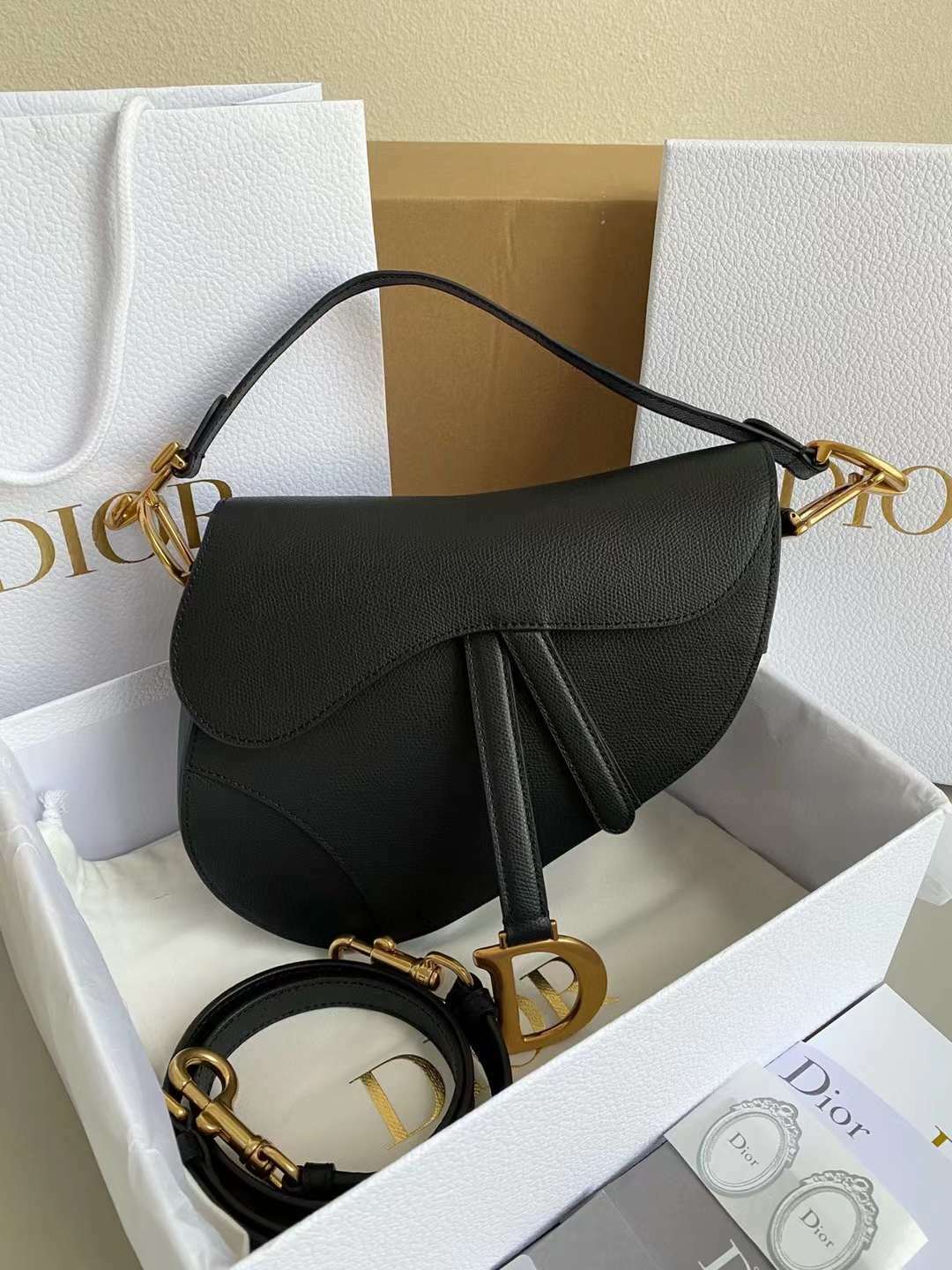 DIOR CD SADDLE 黑色配肩帶馬鞍包 大號